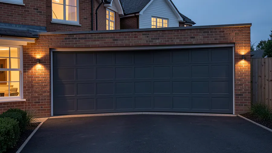 An automated sliding gate closed across a driveway at dusk