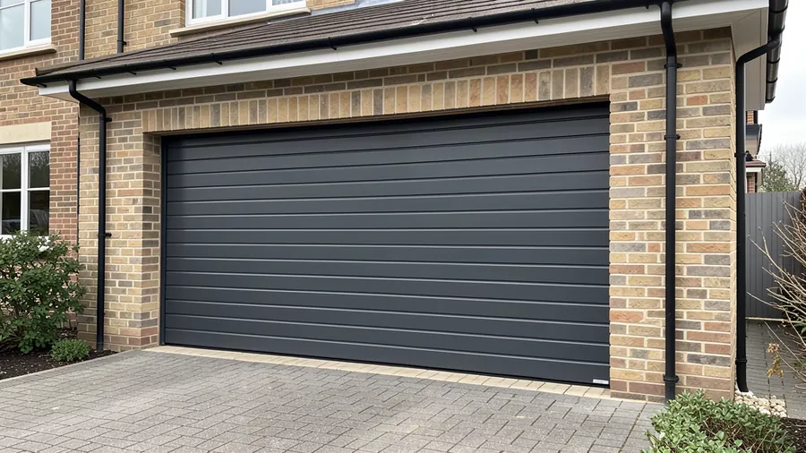An electric sliding gate partway open across a driveway